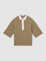 Cotton-Blend Interlock Collar Sweatshirt in Camel