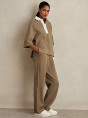 Cotton-Blend Interlock Collar Sweatshirt in Camel