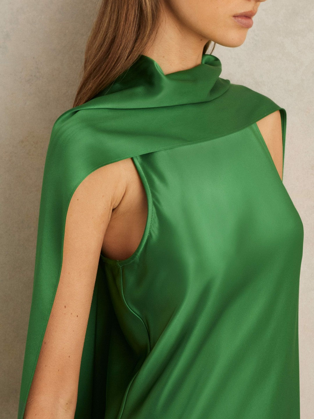 Petite Satin Cape Maxi Dress in Green