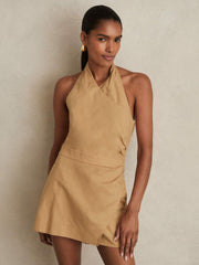 Lyocell Cotton Halter Skort Playsuit in Camel