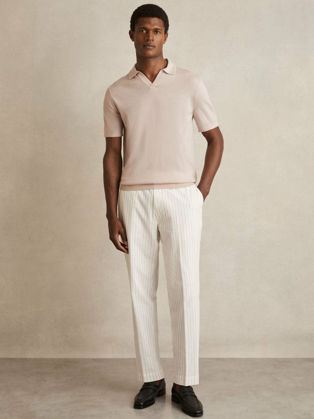 Merino Wool Open Collar Polo Shirt in Beige