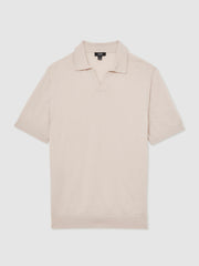 Merino Wool Open Collar Polo Shirt in Beige