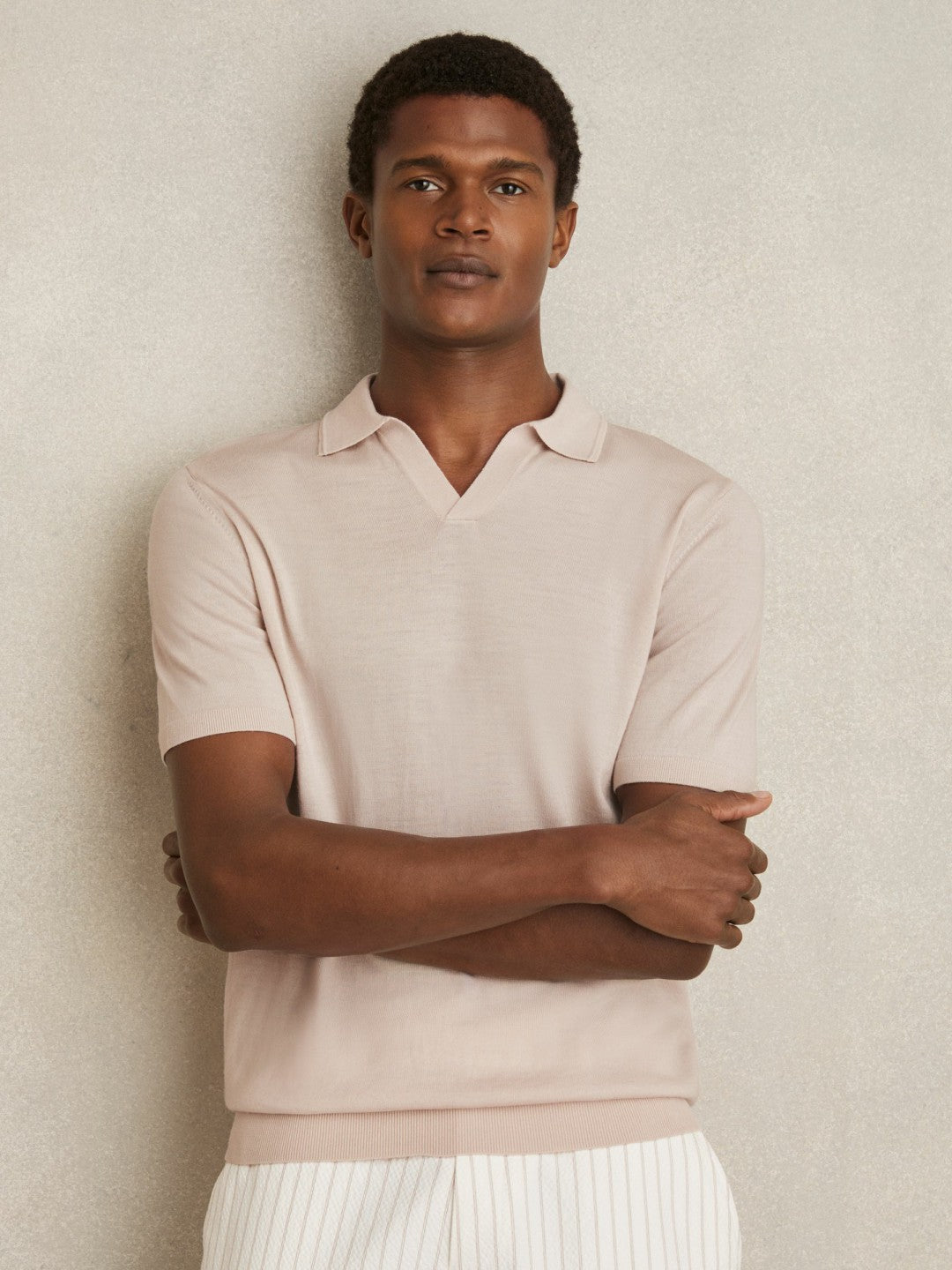 Merino Wool Open Collar Polo Shirt in Beige