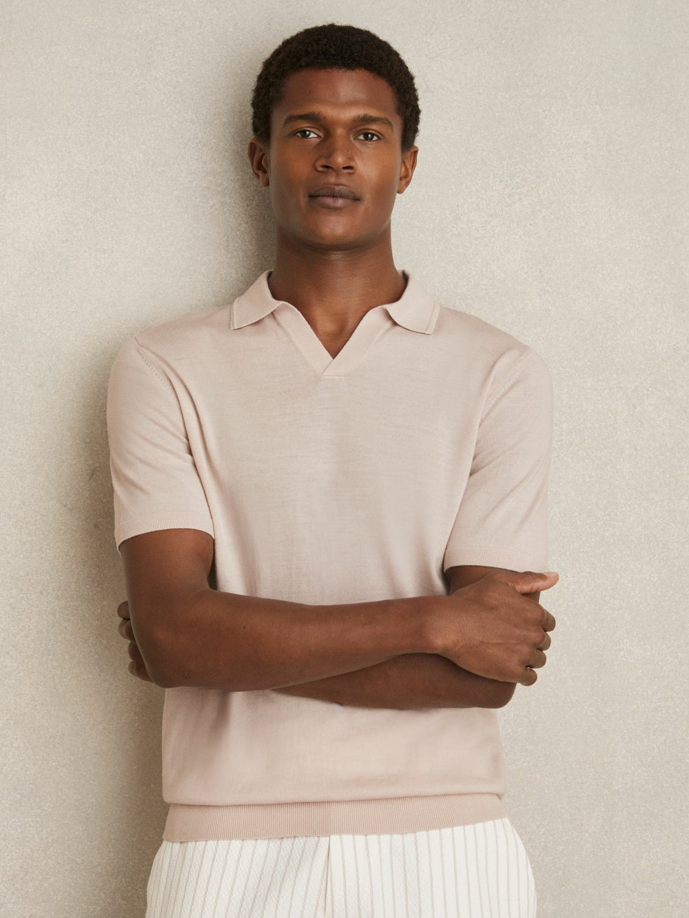 Merino Wool Open Collar Polo Shirt in Beige