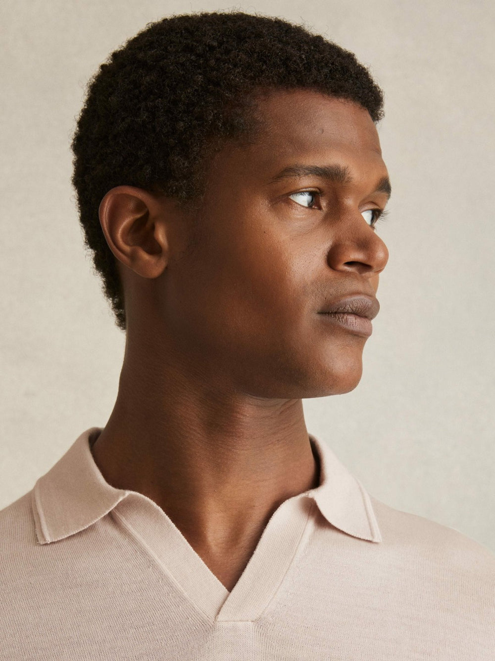 Merino Wool Open Collar Polo Shirt in Beige