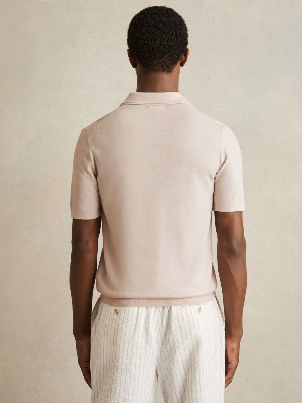 Merino Wool Open Collar Polo Shirt in Beige