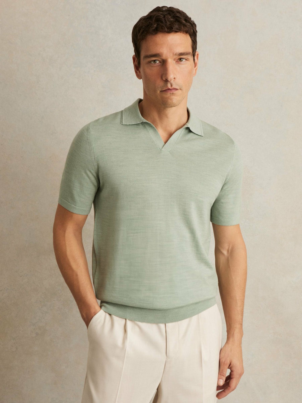 Merino Wool Open Collar Polo Shirt in Sage Green Melange