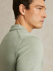 Merino Wool Open Collar Polo Shirt in Sage Green Melange
