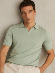 Merino Wool Open Collar Polo Shirt in Sage Green Melange