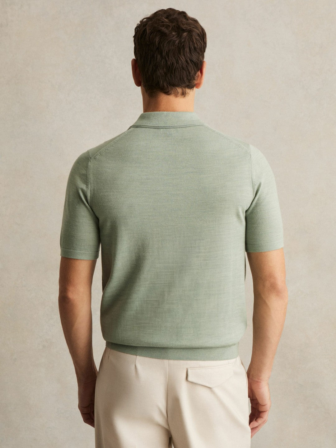 Merino Wool Open Collar Polo Shirt in Sage Green Melange