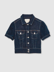 Paige Puff-Sleeve Short Denim Jacket in Emberlynn Blue