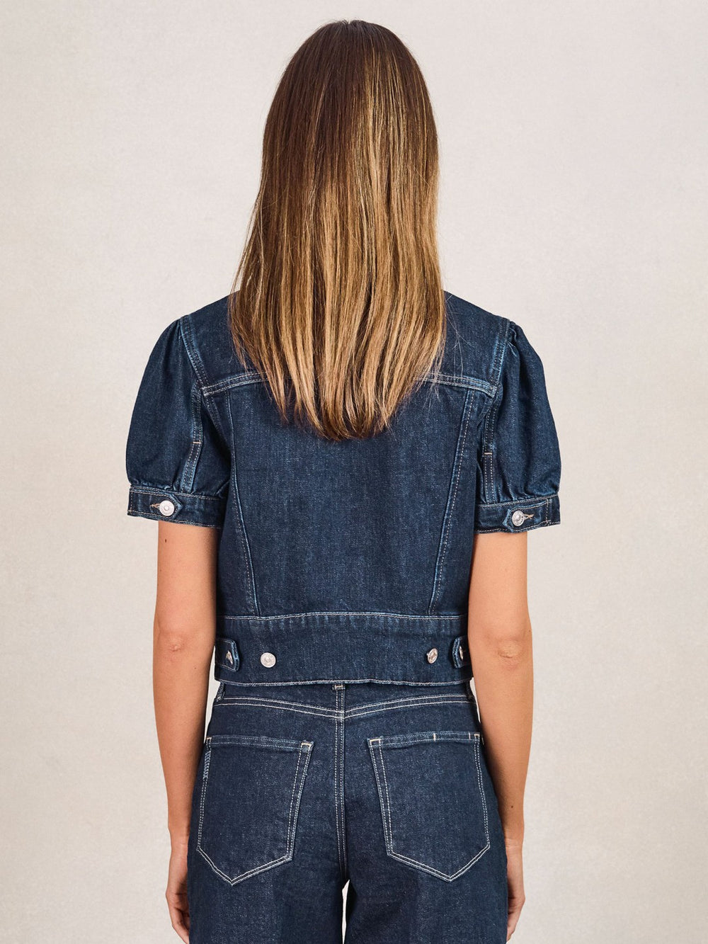 Paige Puff-Sleeve Short Denim Jacket in Emberlynn Blue