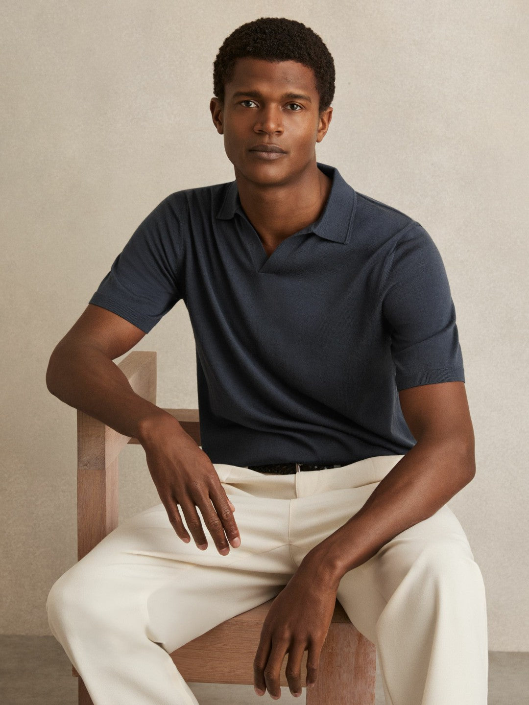 Merino Wool Open Collar Polo Shirt in Midnight Navy