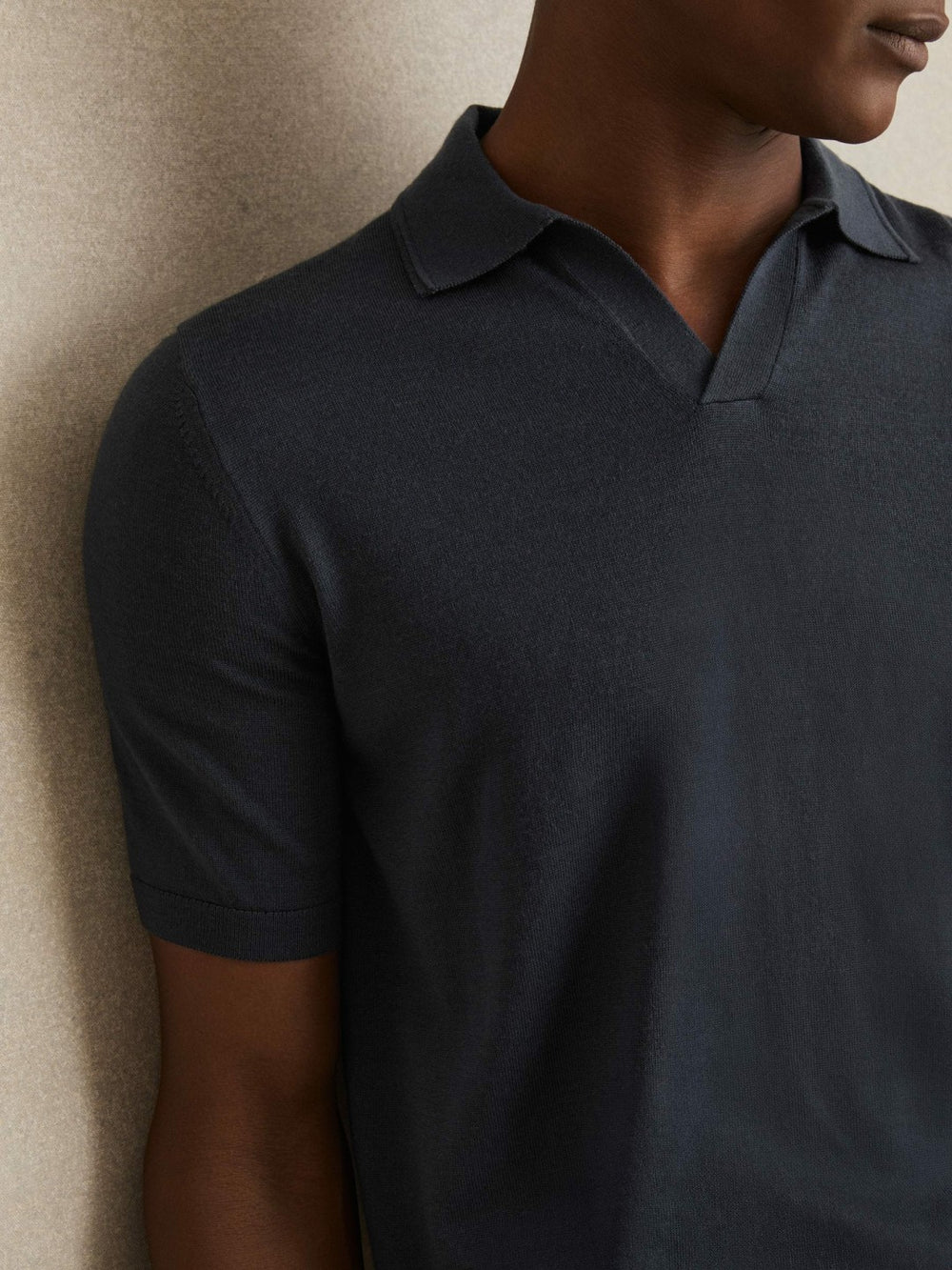 Merino Wool Open Collar Polo Shirt in Midnight Navy