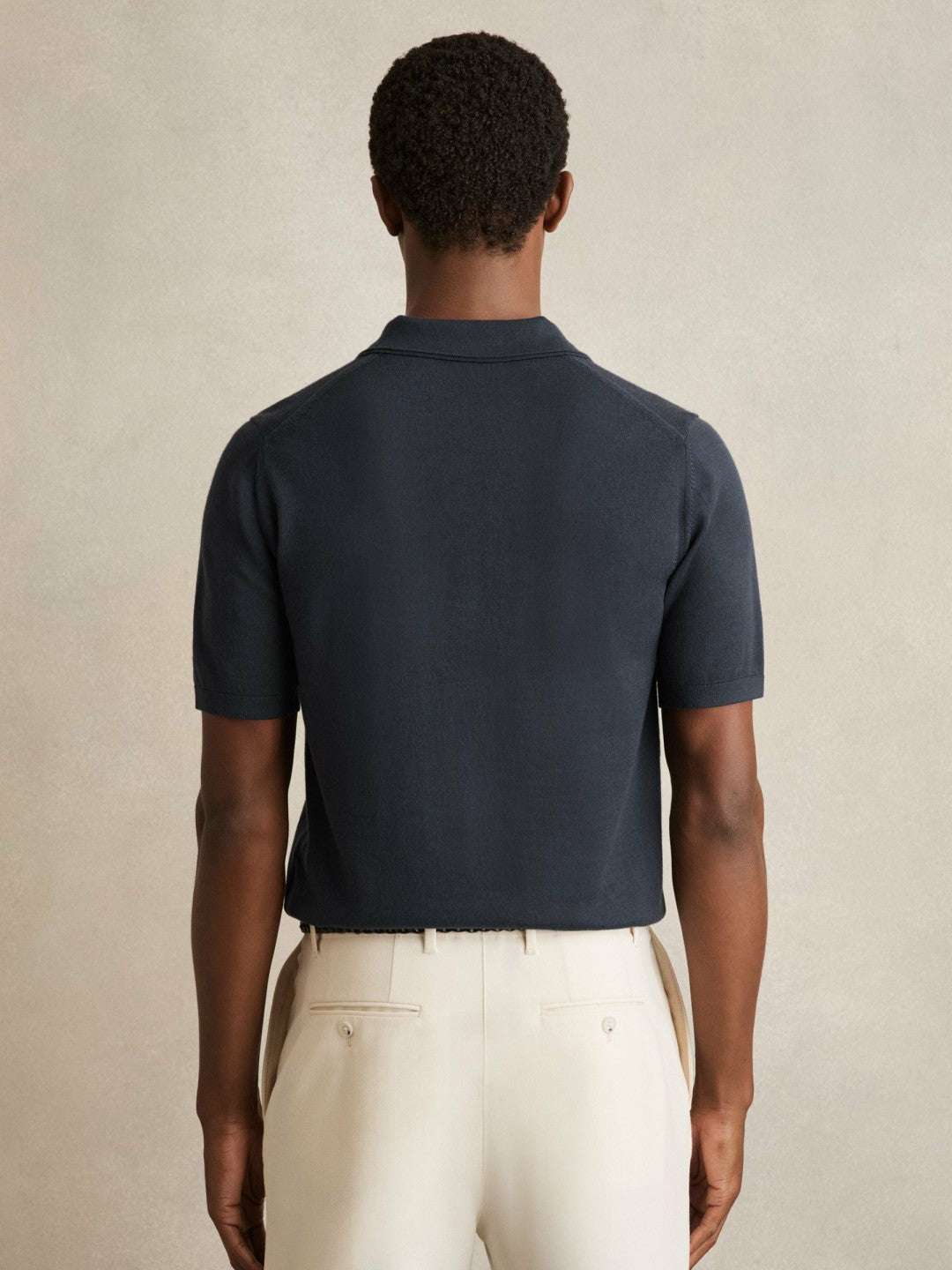 Merino Wool Open Collar Polo Shirt in Midnight Navy
