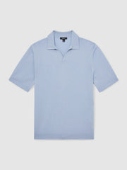 Merino Wool Open Collar Polo Shirt in Soft Blue