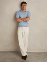 Merino Wool Open Collar Polo Shirt in Soft Blue
