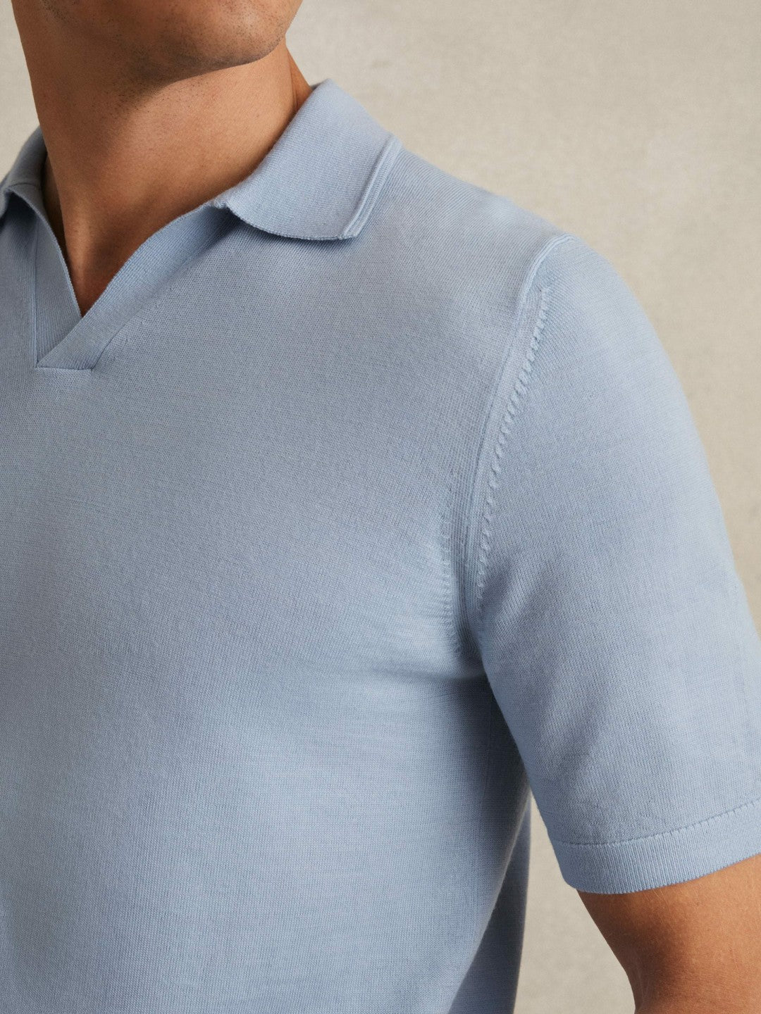 Merino Wool Open Collar Polo Shirt in Soft Blue