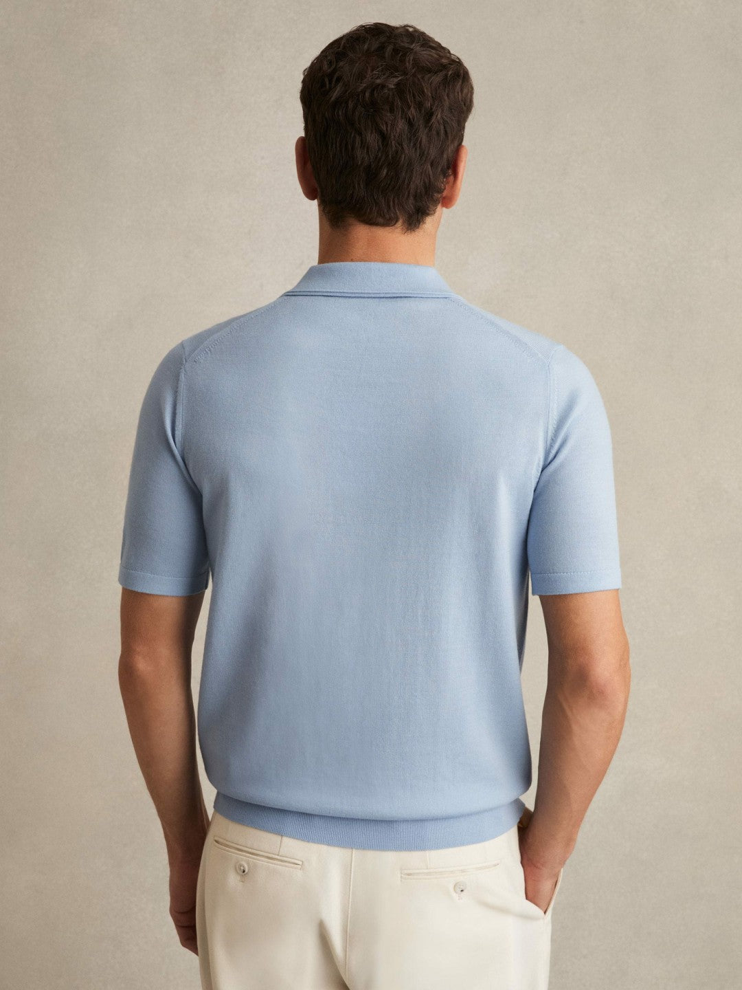 Merino Wool Open Collar Polo Shirt in Soft Blue