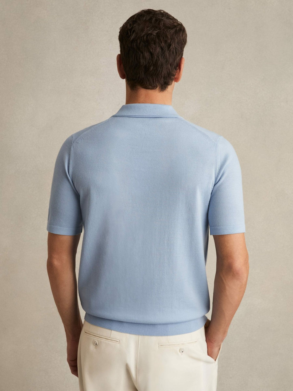 Merino Wool Open Collar Polo Shirt in Soft Blue