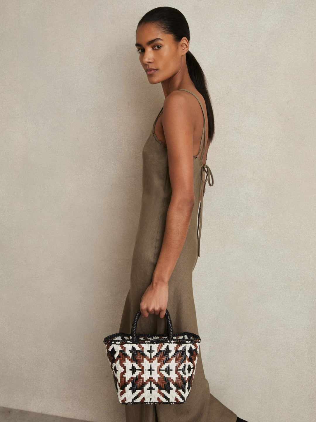 Small Leather Woven Tote Bag in Tan/White/Black