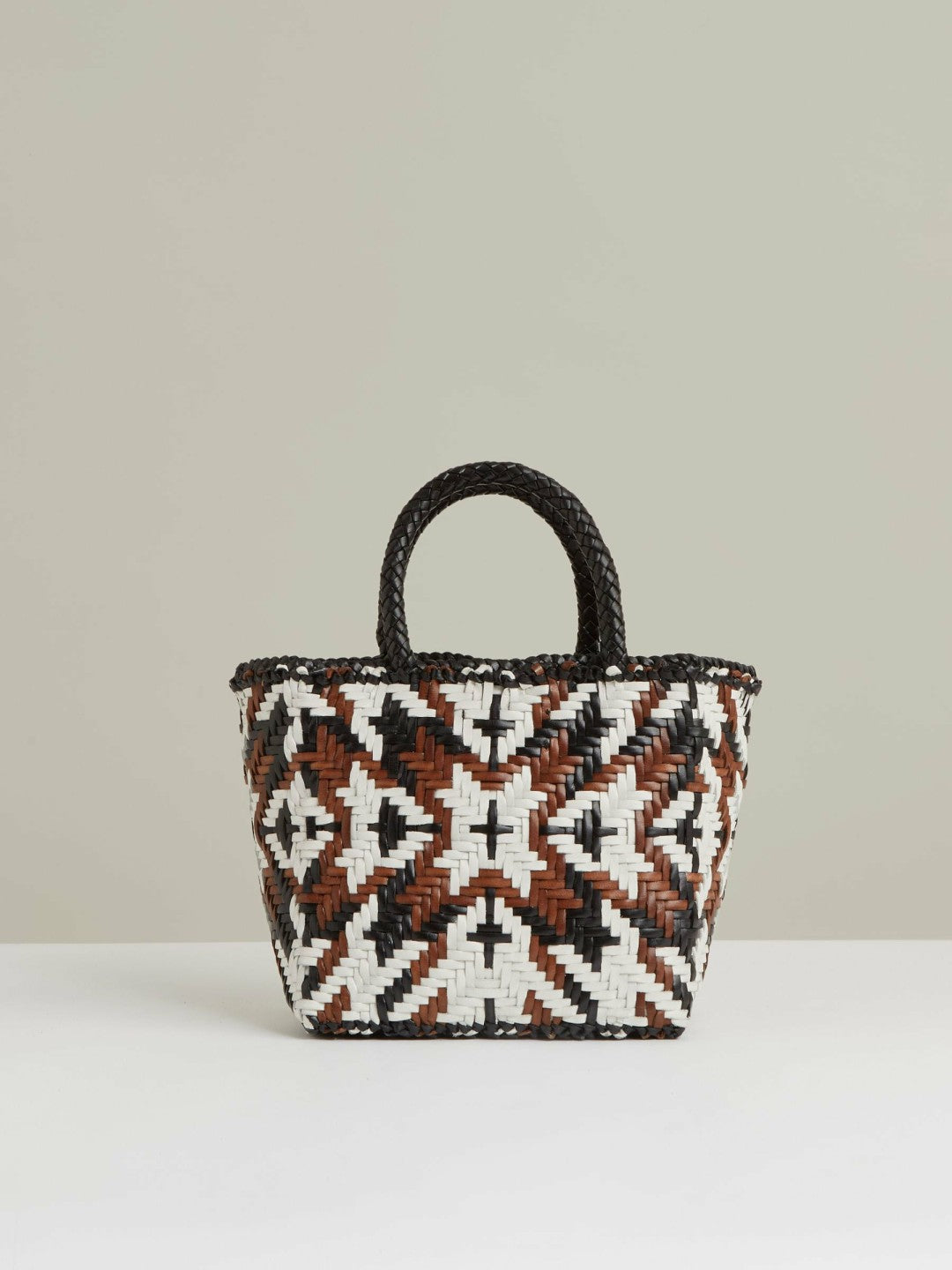 Small Leather Woven Tote Bag in Tan/White/Black