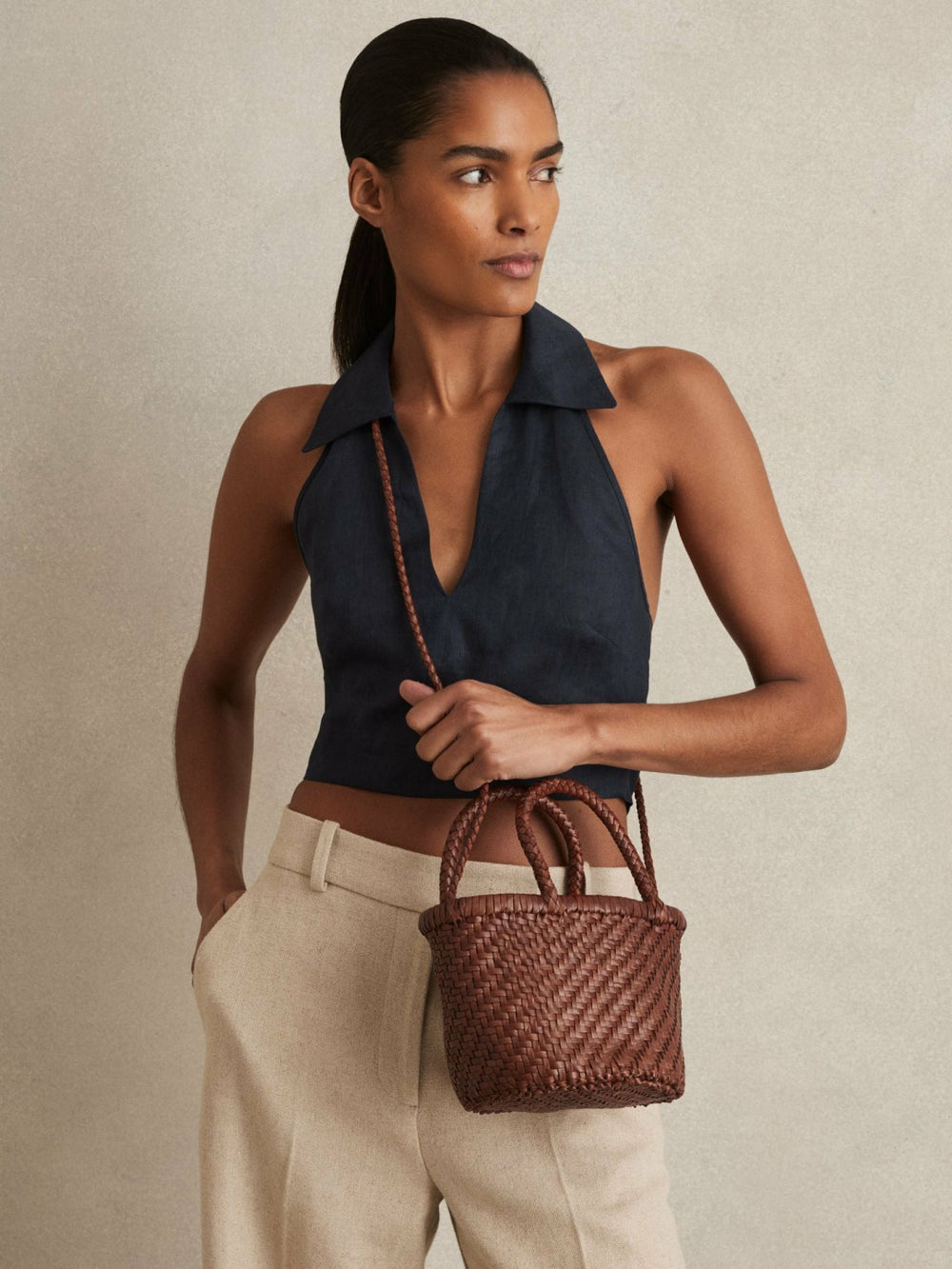 Leather Woven Mini Tote Bag in Tan