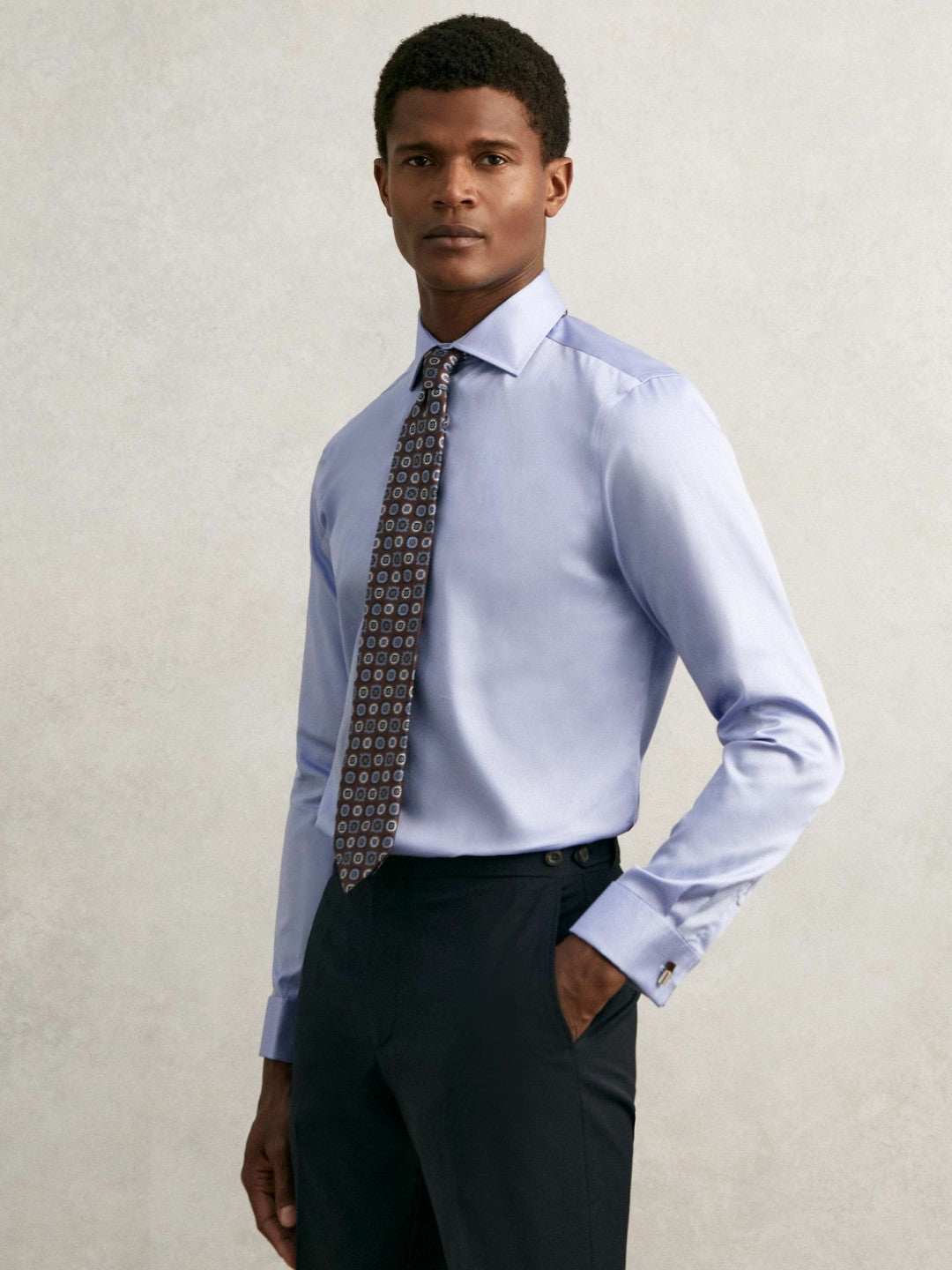 Regular Fit Slim-Fit Cotton-Sateen Shirt in Mid Blue
