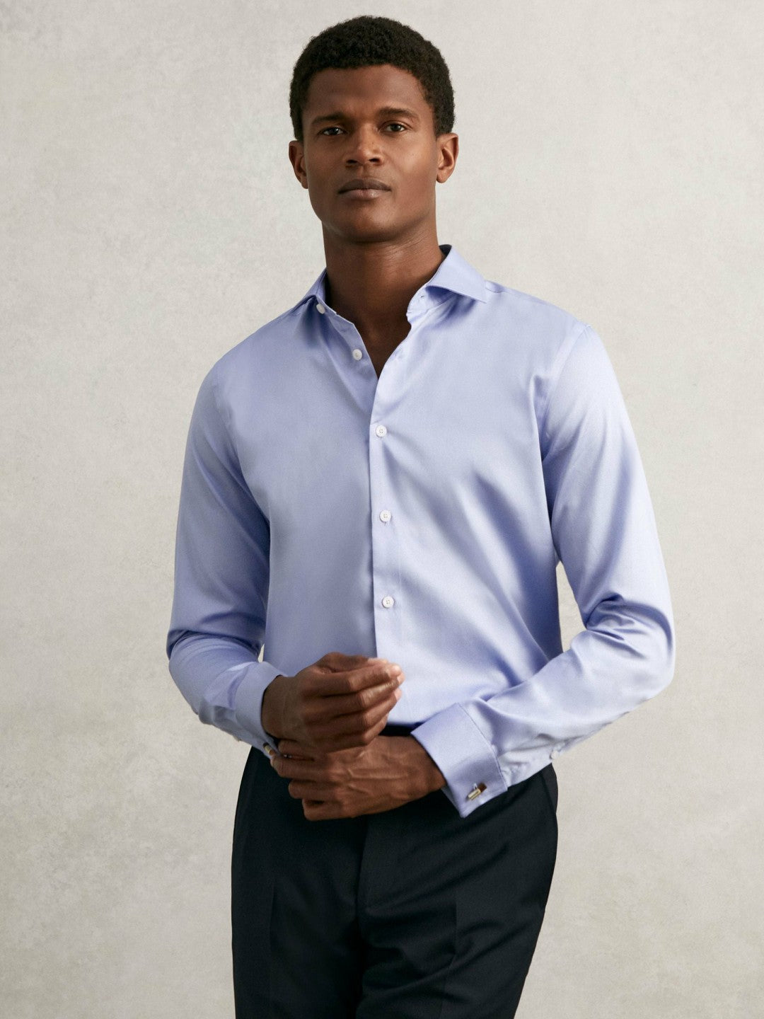Regular Fit Slim-Fit Cotton-Sateen Shirt in Mid Blue