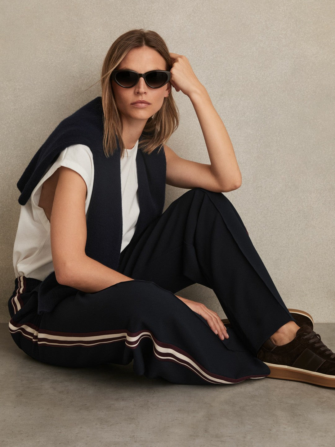 Side-Stripe Wide-Leg Trousers in Navy
