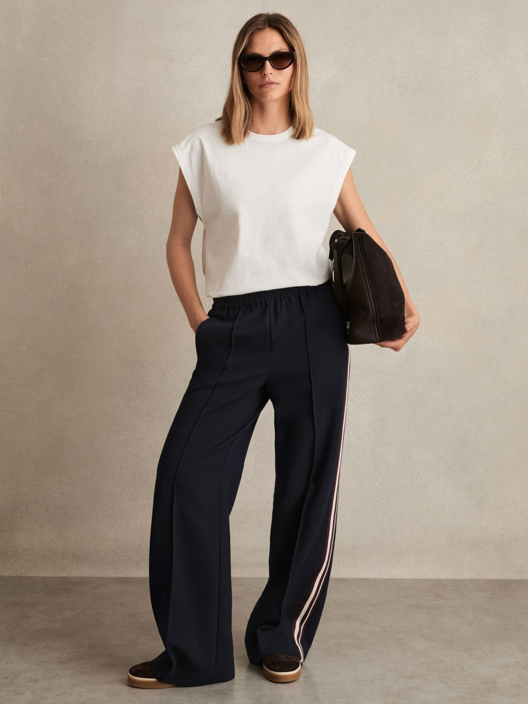 Side-Stripe Wide-Leg Trousers in Navy