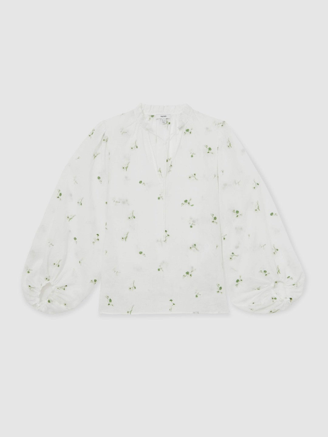 Floral-Embroidered Tie-Neck Blouse Ramie-Lyocell in Ivory