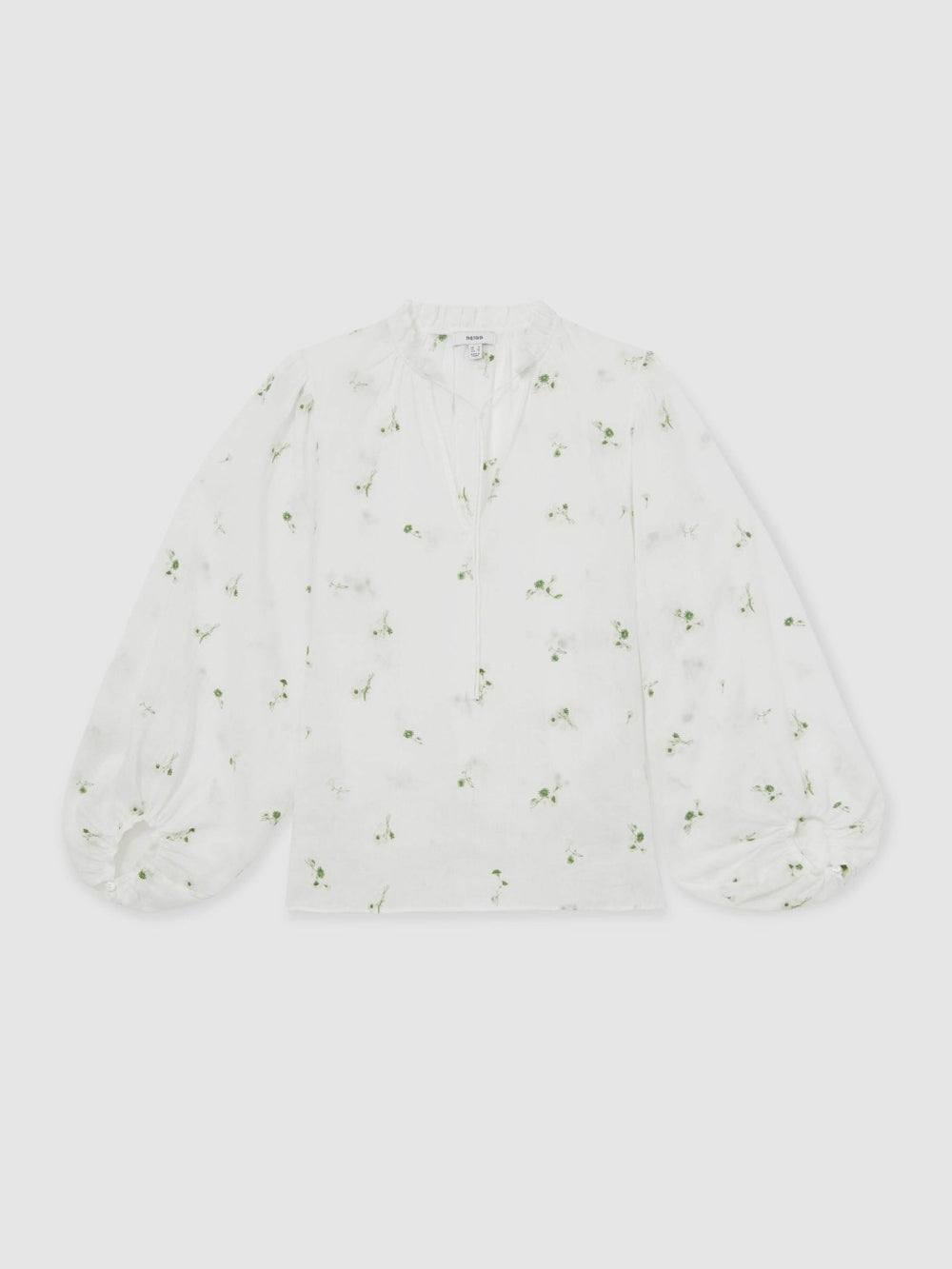 Floral-Embroidered Tie-Neck Blouse Ramie-Lyocell in Ivory