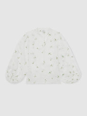 Floral-Embroidered Tie-Neck Blouse Ramie-Lyocell in Ivory