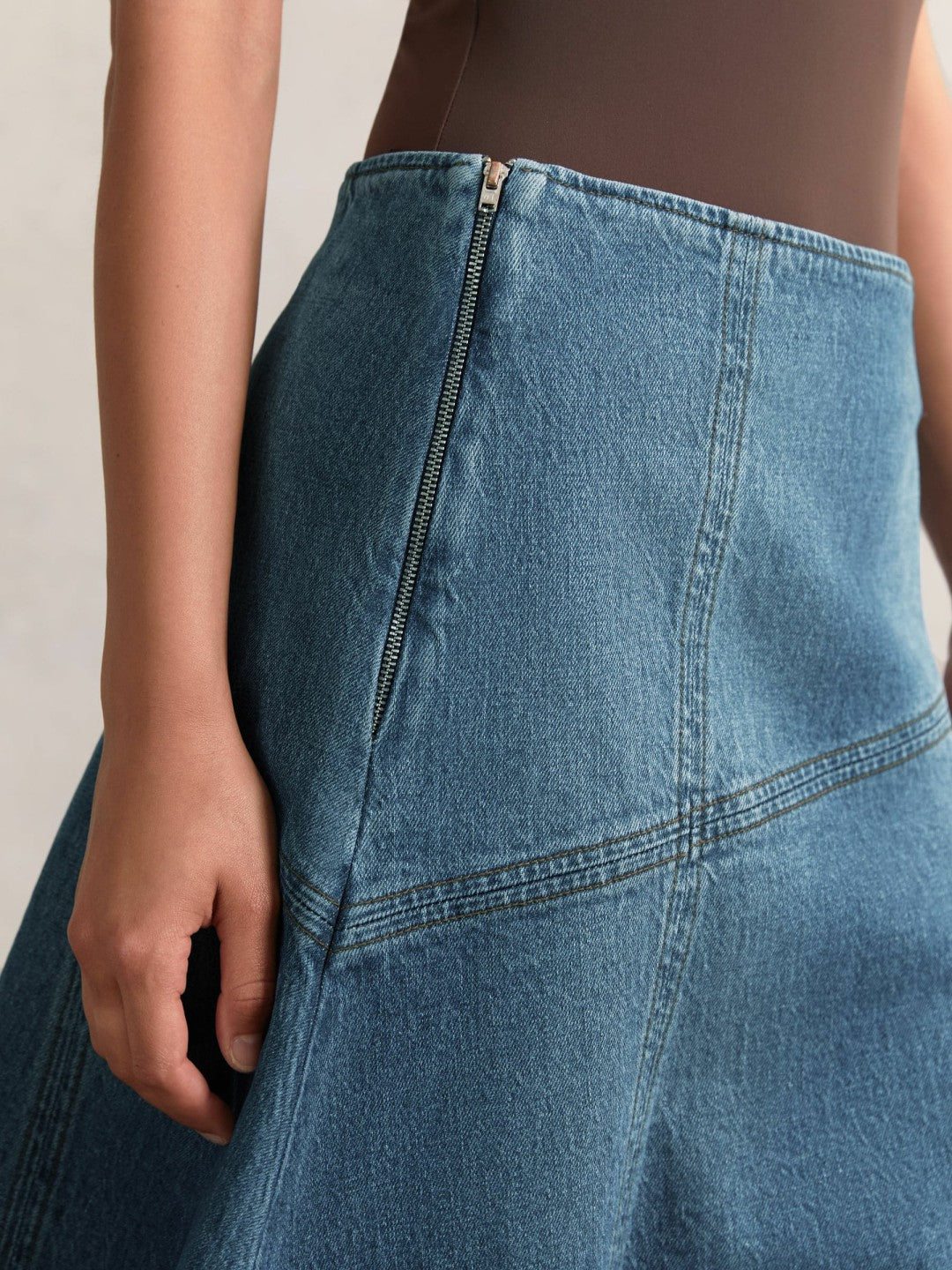 Denim Panelled Midi Skirt in Indigo
