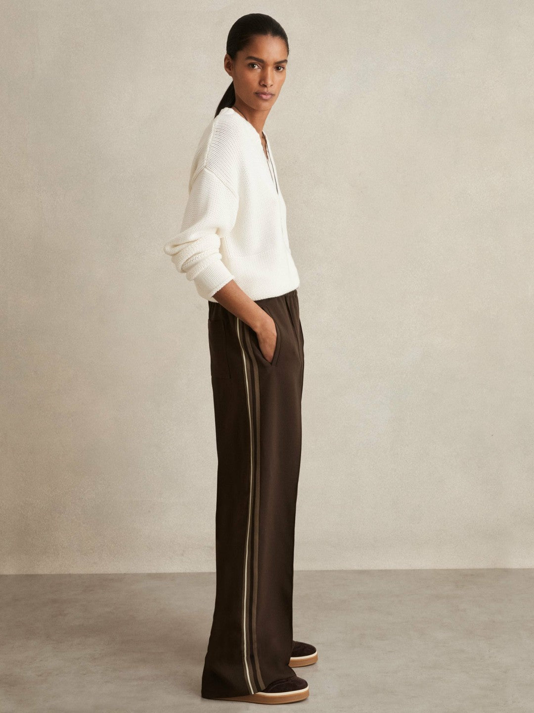 Petite Side-Stripe Wide-Leg Trousers in Chocolate Brown