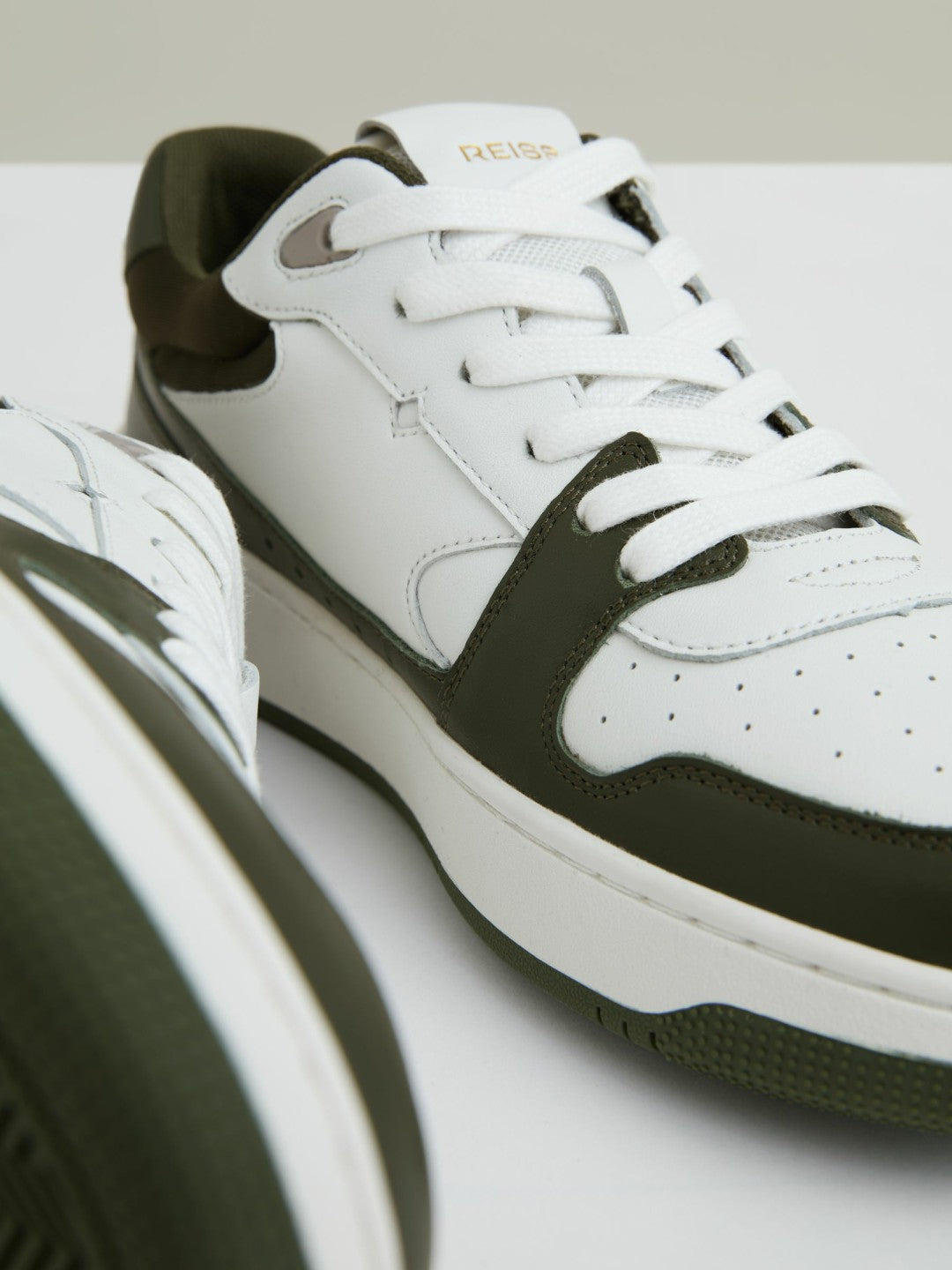Leather Panelled Trainers in Khaki/White