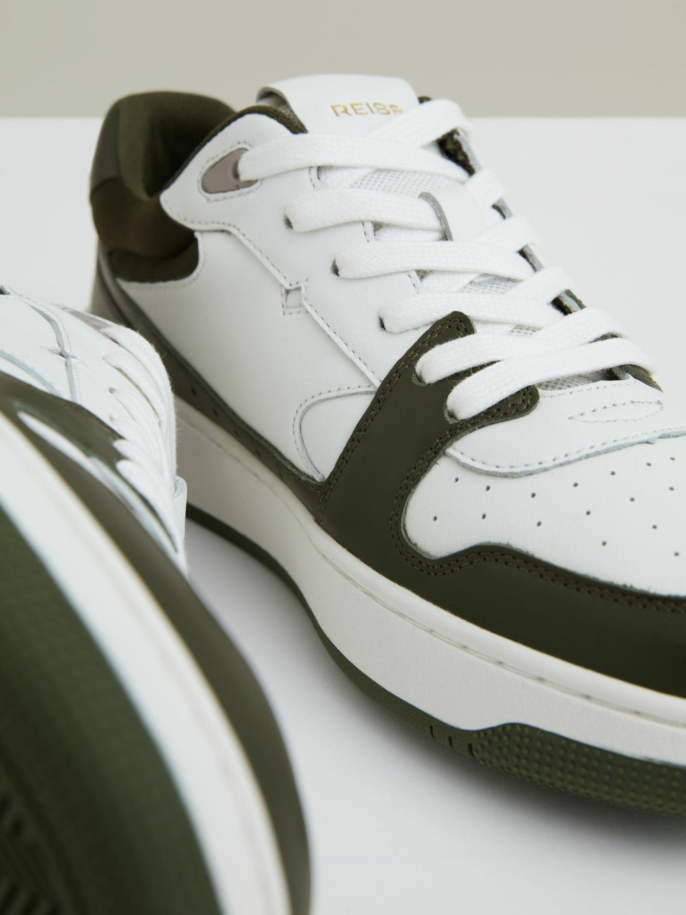 Leather Panelled Trainers in Khaki/White
