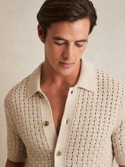 Basketweave Knit Button Through Cotton Blend Shirt in Stone