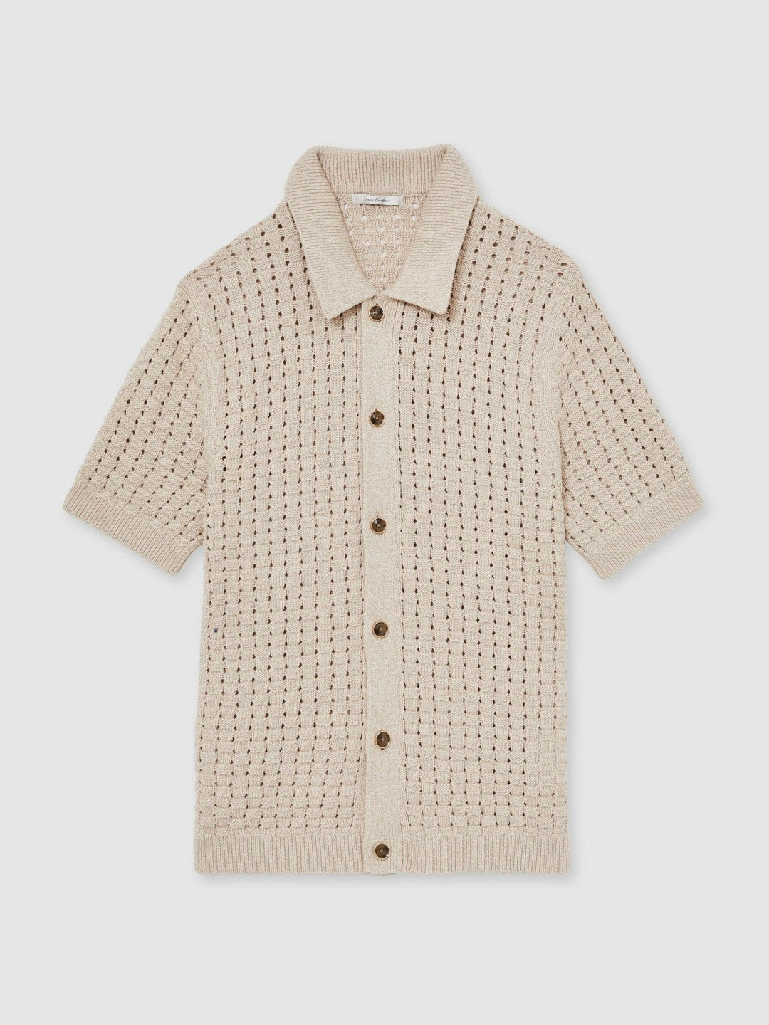 Basketweave Knit Button Through Cotton Blend Shirt in Stone