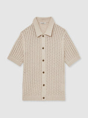 Basketweave Knit Button Through Cotton Blend Shirt in Stone