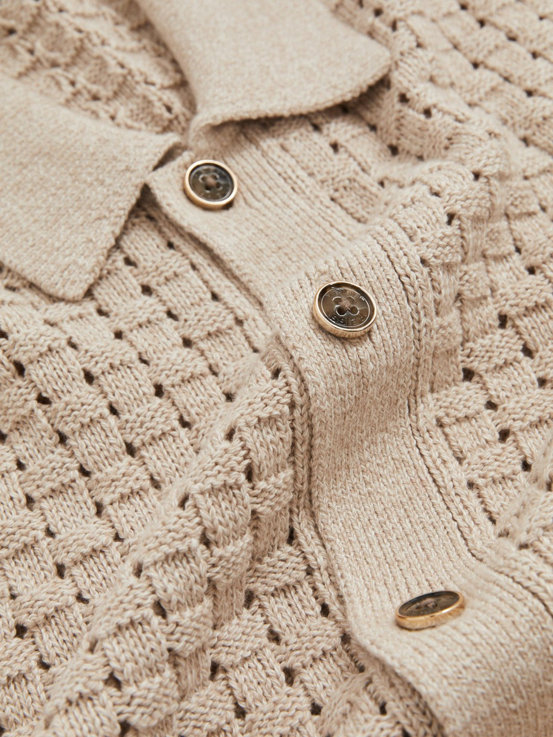 Basketweave Knit Button Through Cotton Blend Shirt in Stone