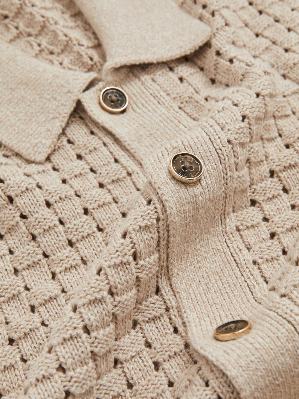 Basketweave Knit Button Through Cotton Blend Shirt in Stone