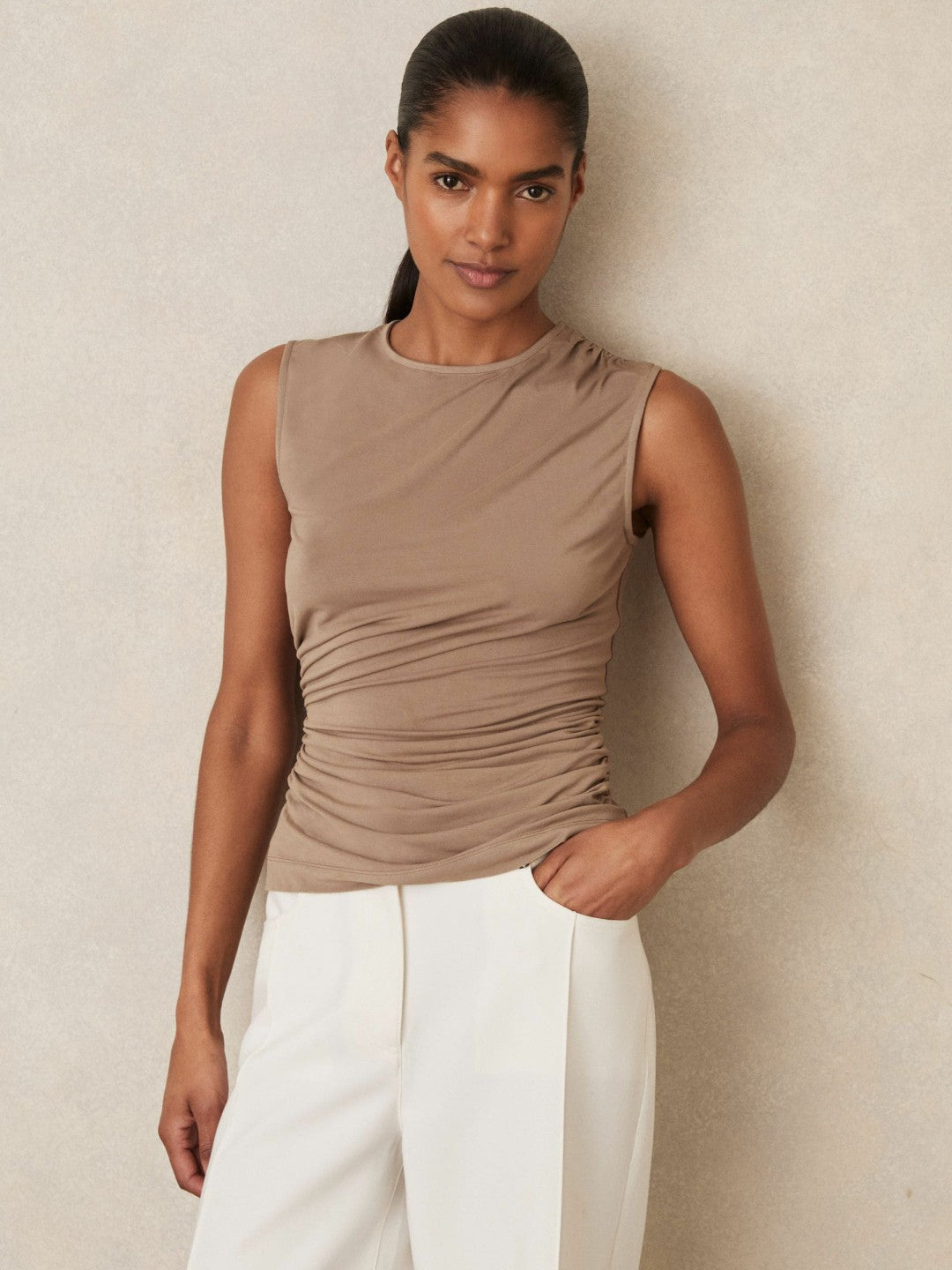 Stretch-Modal Ruched Vest in Mocha Brown