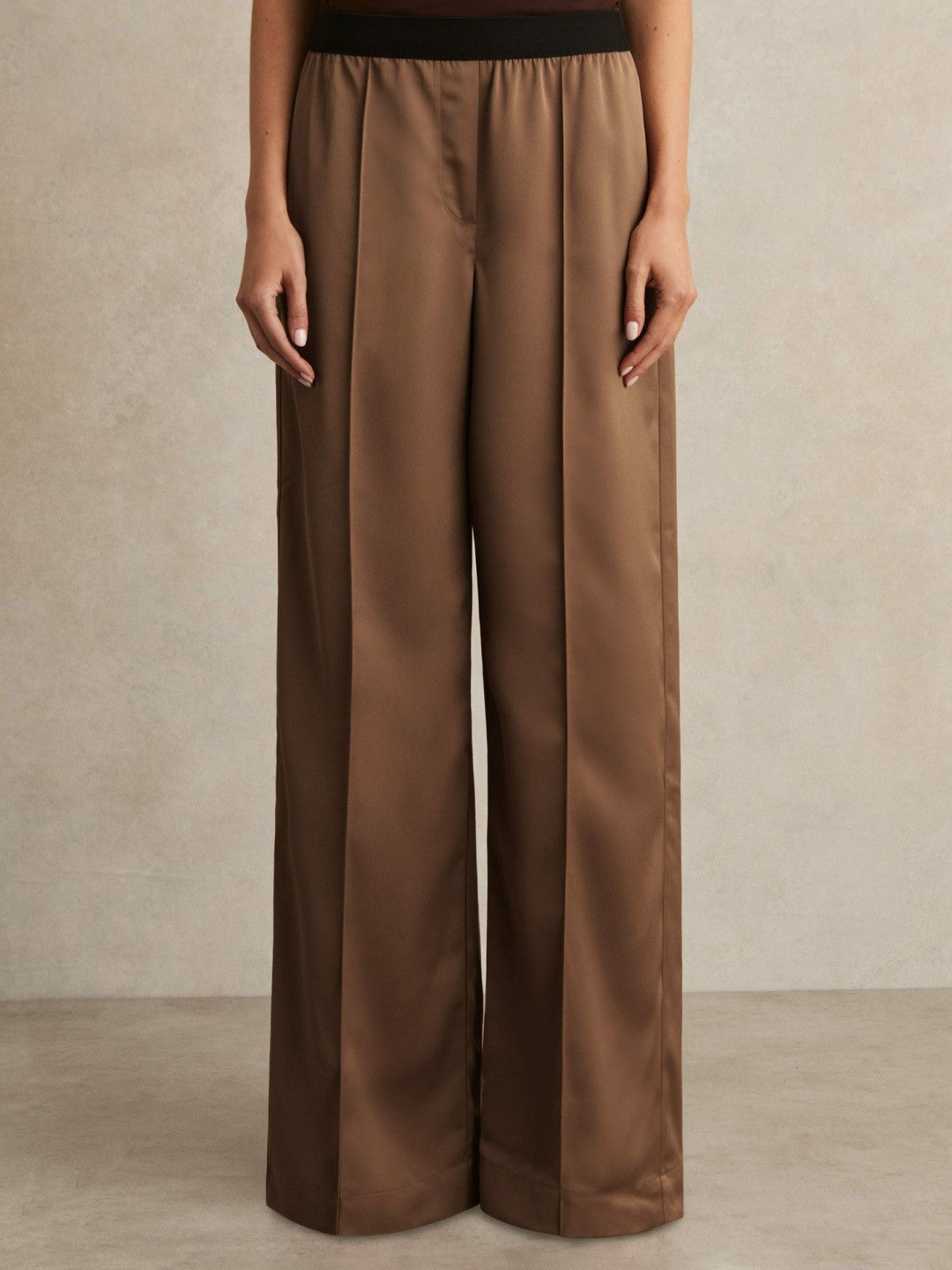 Satin Wide Leg Elastic Waist Trousers in Taupe Neutral