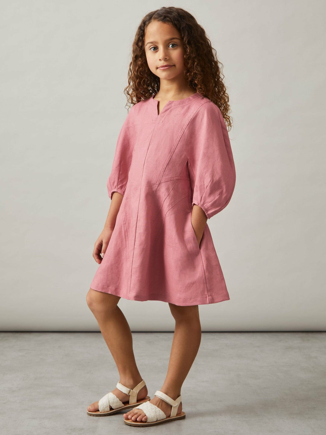 13-14 yrs Linen Balloon-Sleeve Dress in Pink