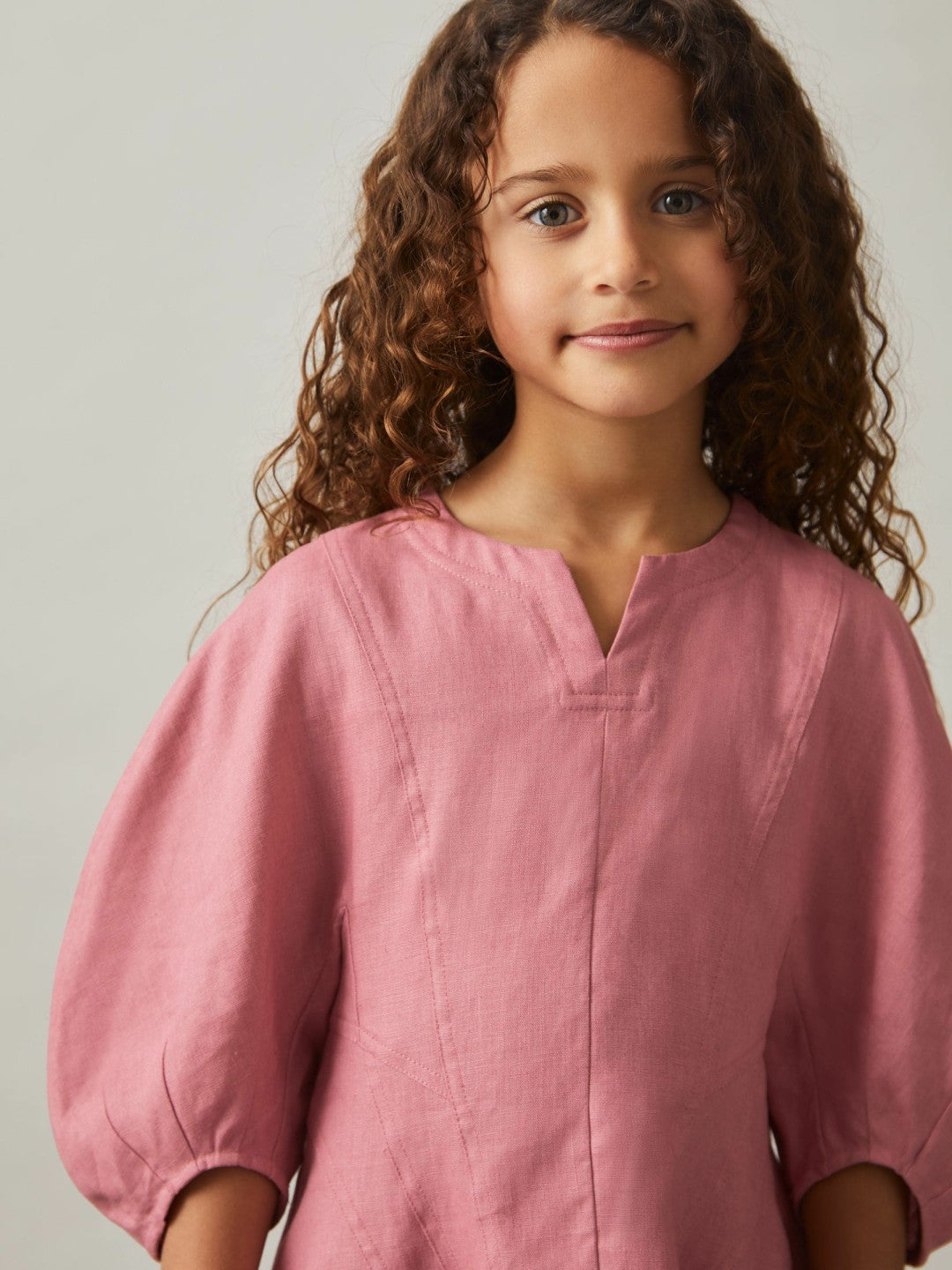 13-14 yrs Linen Balloon-Sleeve Dress in Pink