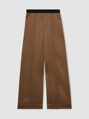 Petite Satin Wide Leg Elastic Waist Trousers in Taupe Neutral