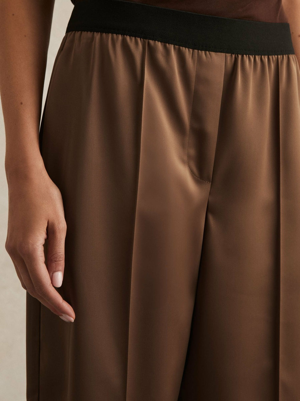Petite Satin Wide Leg Elastic Waist Trousers in Taupe Neutral