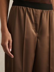 Petite Satin Wide Leg Elastic Waist Trousers in Taupe Neutral
